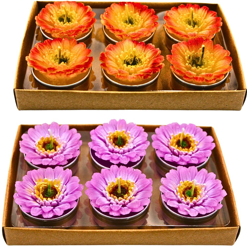 Dekohelden24 Set of 12 Tea Light Candle Gerberas, Yellow and Purple, 4 x 3 x 4 cm, Multi-Coloured