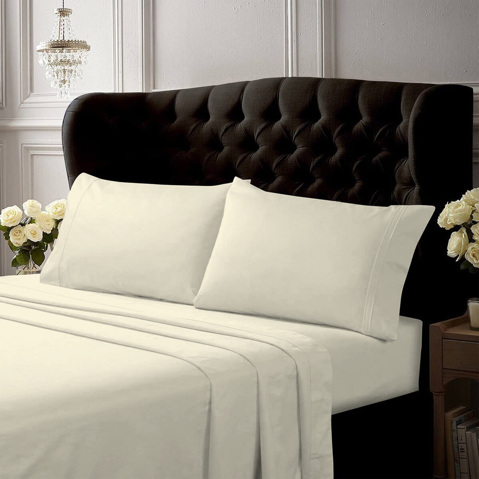 Tribeca Living King Bed Sheet Set, Crisp and Smooth Egyptian Cotton Percale Solid Sheets and Pillowcase Set, Extra Deep Pocket, 350 Thread Count, 4-Piece Luxury Bedding, Ivory
