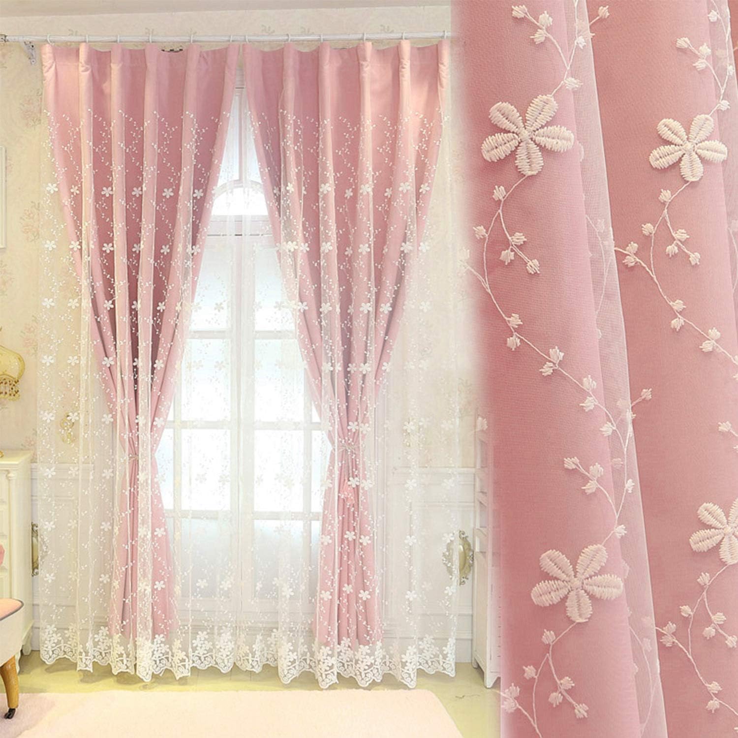 Amazon 姫系 カーテン ピンク 遮光 かわいい 二重カーテンレース 北欧 遮光率90 女の子 遮光 断熱 子供部屋 幅100cm 丈178cm ２枚組 カーテン オンライン通販