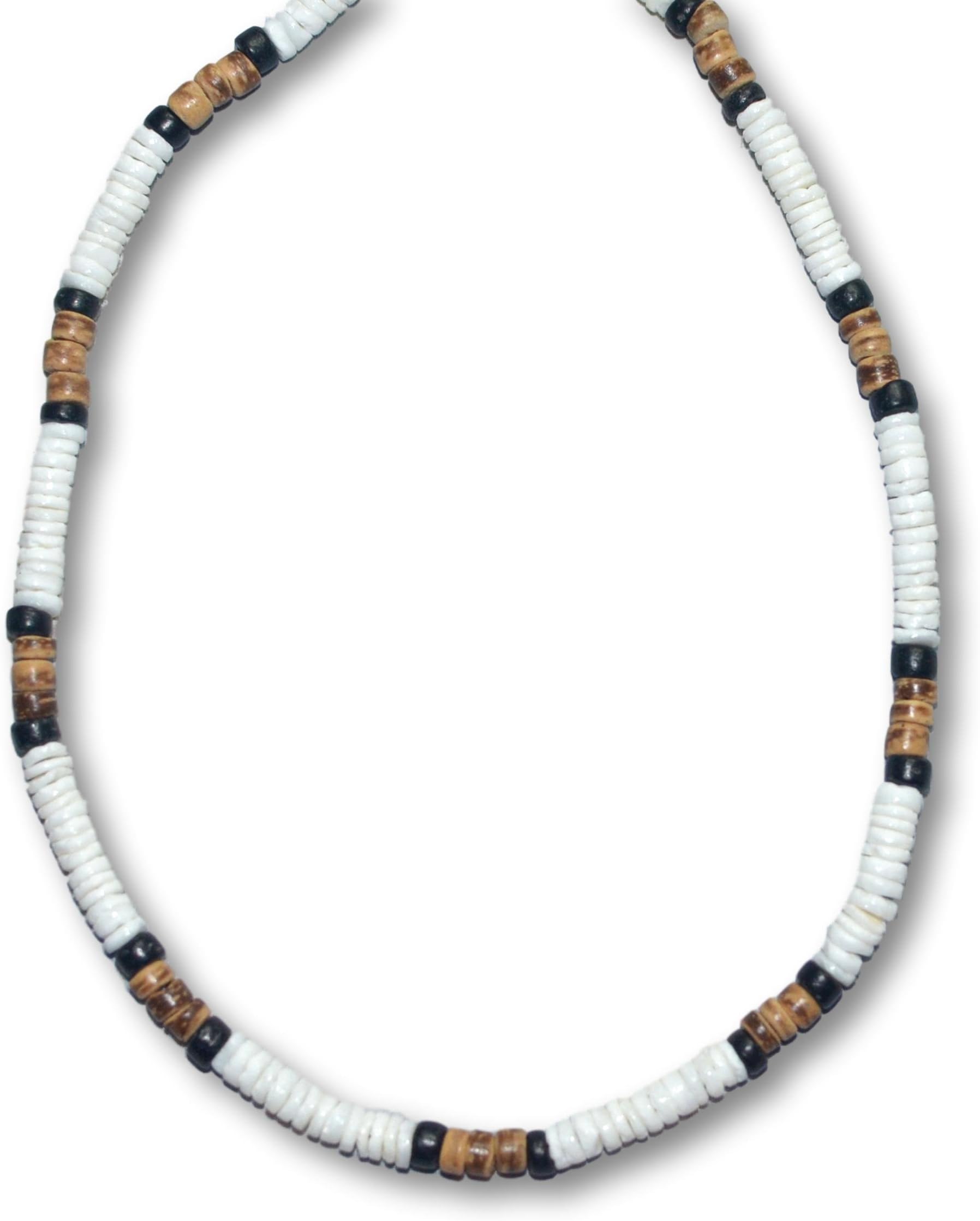 Mens/Womens White Heishe Puka Shell Black and Tiger Coco Surfer Necklace From the Philippines- 5mm (3/16")