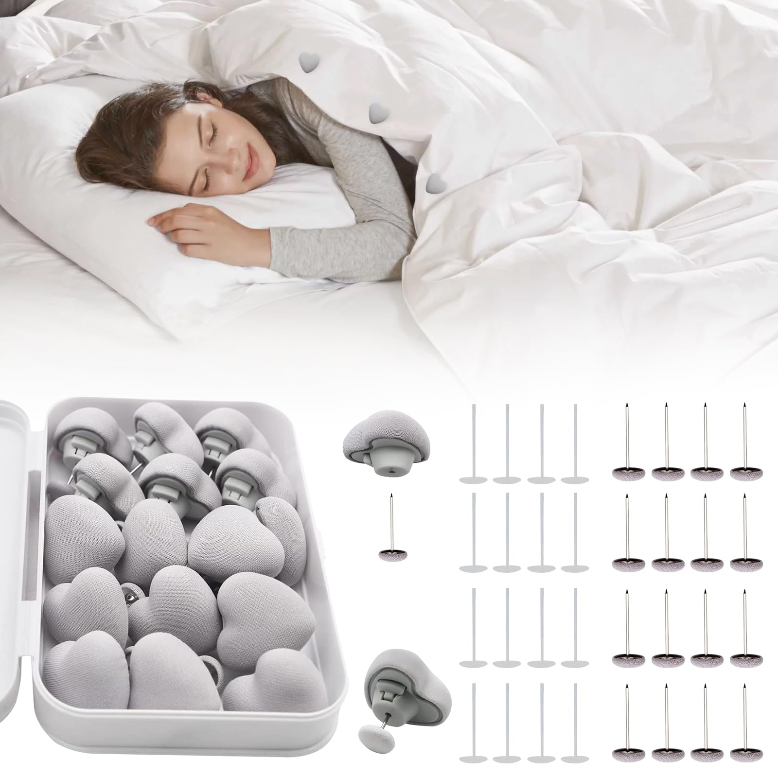 MQUPIN Quilt Fixing Clips,16 Pcs Duvet Cover Clips,Mushroom Round Fixing Clips with Buttons,Bedroom Duvet Fixing Holder Quilt Cover Pins with Box(Grey) — image 1