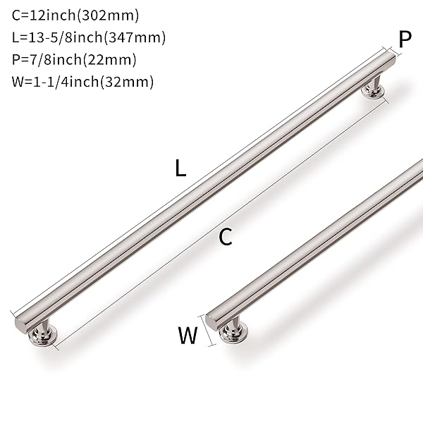 ZAUYX 5 PACK 12 INCH(305MM) HOLE CENTER POLISHED NICKEL CABINET PULLS SQUARE CABINET HANDLES SOLID HEAVY DUTY PULLS FOR KITCHEN DRESSER CLOSET & BATHROOM CABINETS HARDWARE