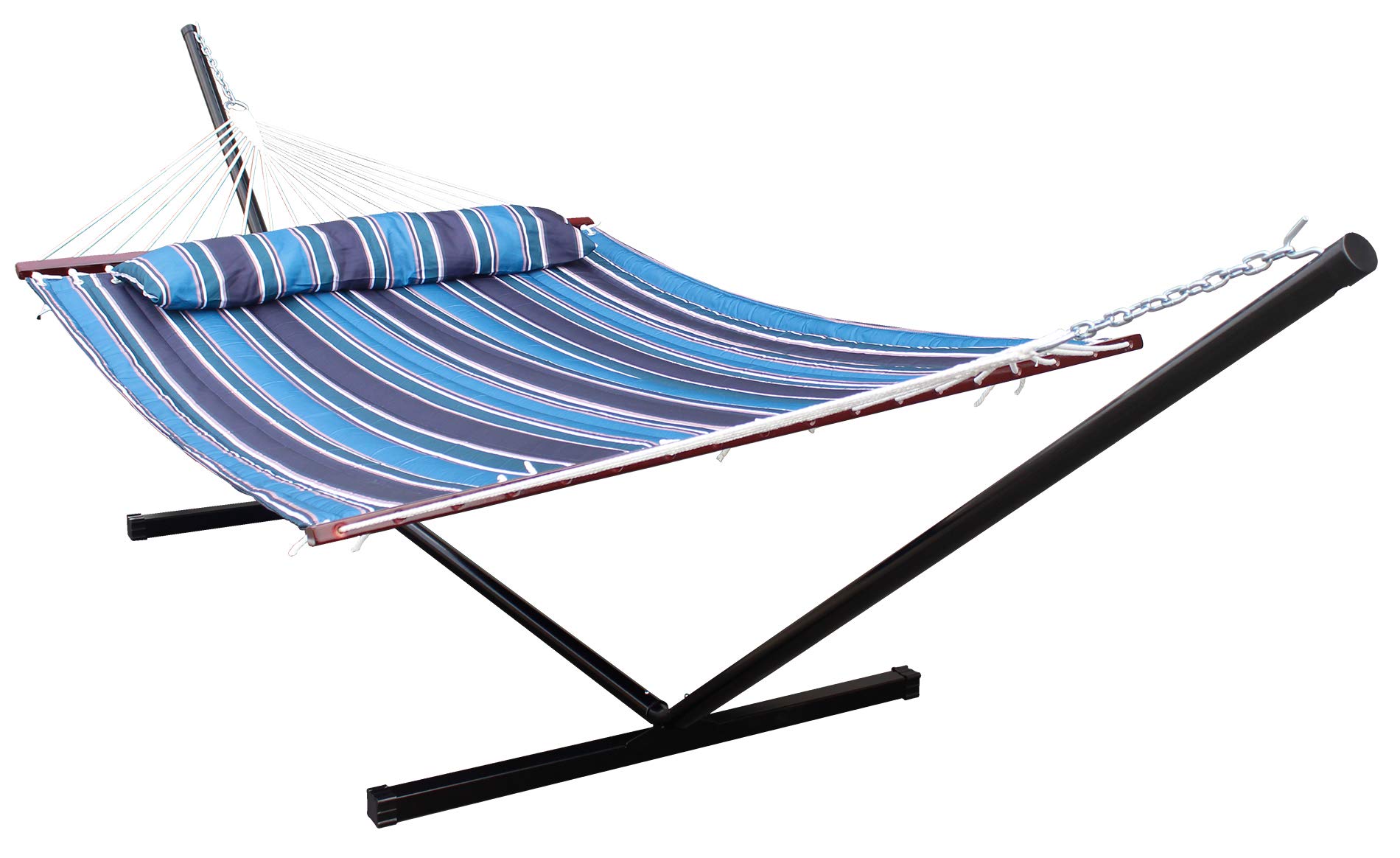 HENG FENG 2 Person Double Hammock with 12 Foot Portable Steel Stand and Spreader Bar, Detachable Pillow, Quilted Fabric Bed, Blue Stripe