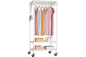 FUTASSI P6 Mini Rolling Clothes Rack Heavy Duty, Clothing Racks for Hanging Clothes, Freestanding Garment Rack with Wheels, Portable Closet Rack Max Load 360LBS, 23.6''W x 14''D x 74.6''H, White
