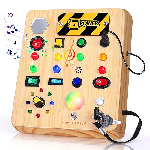 NORBASE Montessori Busy Board Sensory Toys, Toddler Busy Board Sensory Board, Toddler Travel Toys with 17 LED Lights, On/Off Switch and Music Features