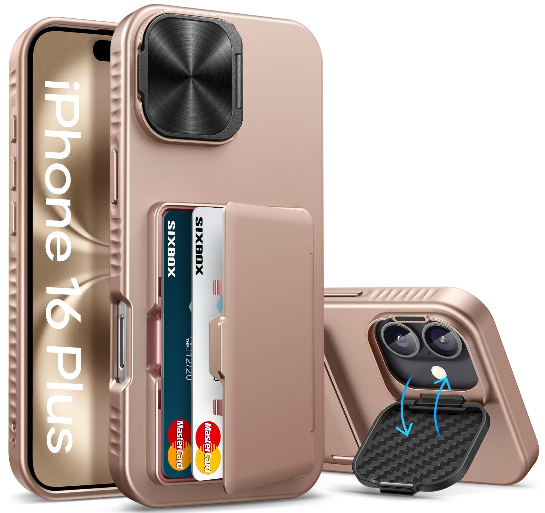 SIXBOX for iPhone 16 Plus Case with Card Holder & Camera Lens Cover & Stand, Military Grade Drop Protection Shockproof Rugged Kickstand Wallet Protective Phone Case for iPhone 16 Plus 2024, Rose Gold