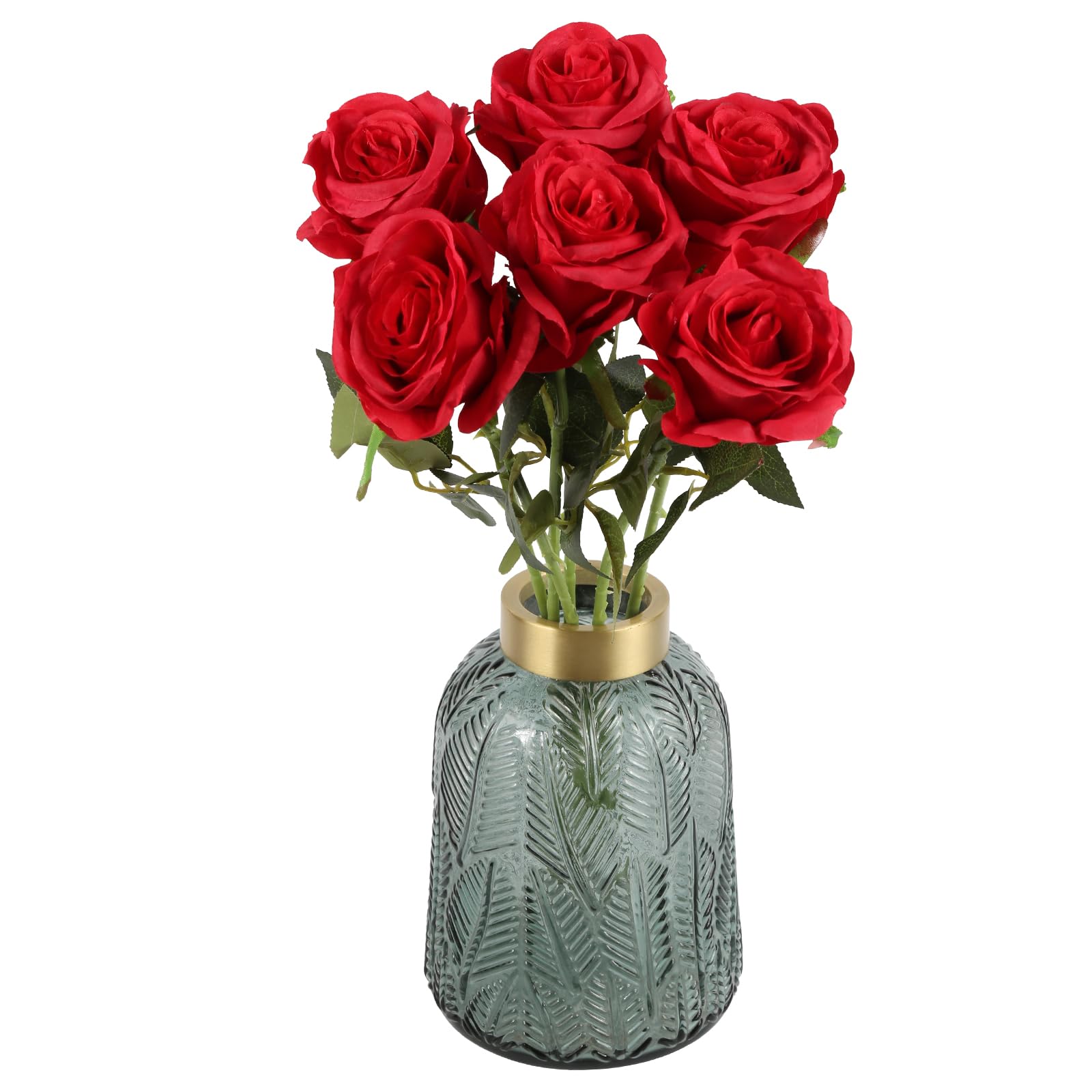 Photo 1 of IPOPU 6PCS Deep Red Silk Lop-Sided Rose Artificial Flower with Long Stem Fake Leaf Roses, Artificial Long Stem Fake Roses Suitable for DIY Wedding, Home Decoration and Outdoor Party.