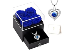 GMAOPHY Preserved Real Rose with Necklace Gift for Women, Birthday Flower Gifts for Wife Girlfriend Mom Grandma, Anniversary Rose Gift Ideas, Eternal Rose in Jewelry Box, for Her(Blue)