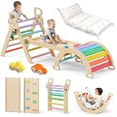 BlueWood Pikler Triangle Set with Cushion, Wooden Climbing Toys for Toddler | Foldable 9-in-1 Montessori Philosophy Toddler Climbing Toys Indoor with Reversible Ramp, Arch and Ladder - Rainbow