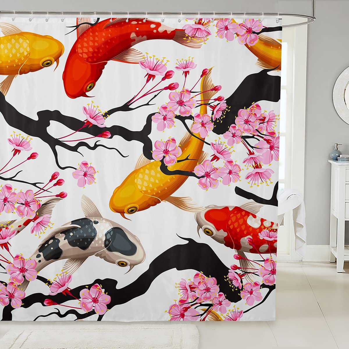 Japanese Style Bathroom Shower Curtain Traditional Retro Theme Shower Curtain Koi Fish Print Bath Curtain Cherry Blossom Fabric Shower Curtain for Kids Boys Girls Adults 72x94 Inch