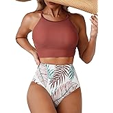 Herseas Women's Bikini Sets High Neck Tropical Leaf Print High Waisted Two Pieces Swimsuits Bathing Suits
