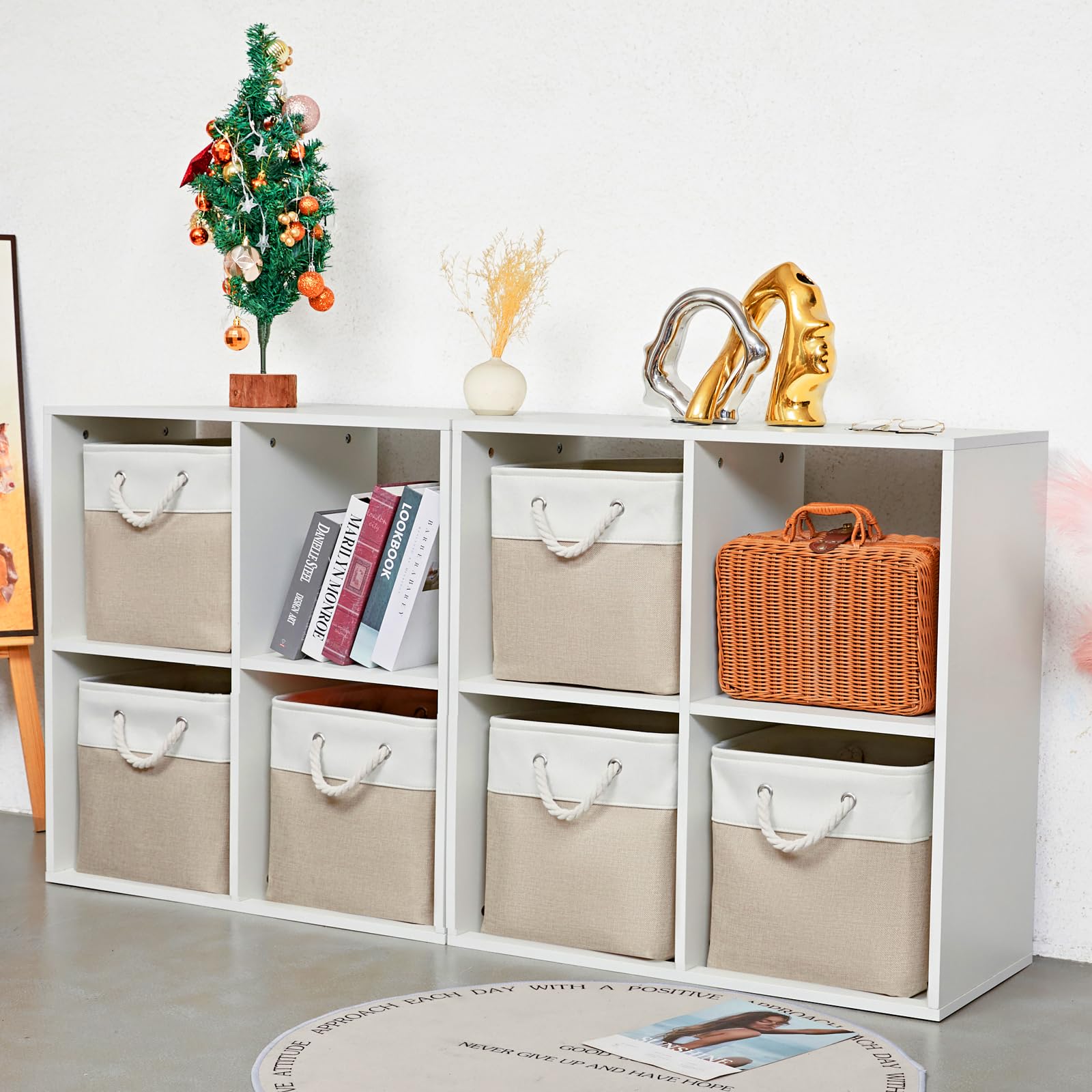 ICEMOR 30.5 x30.5cm Cube Aufbewahrungsbehälter, 6 Pack große Stoff Aufbewahrungsbehälter mit Seilen, faltbare Aufbewahrungswürfel für Haus, Kleiderschrank, Kleidung, Spielzeug Organizer (Weiß & Beige) 2