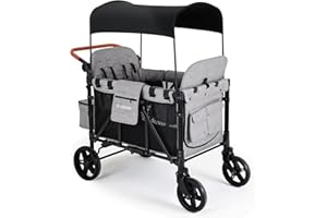 Cochildor Elite 4-Seater Wagon Stroller for 2-4 Kids, One-Hand Fold, High Seats with 5 Point Harness, Adjustable Handle & Canopy, Light Gray