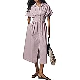 Dsewpaur Striped Button Pleated Shirt Maxi Dress for Women Summer Short Sleeve Collar V Neck Corset Long Dress