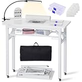 Portable &amp; Foldable Manicure Table w/Dust Collector, Rolling Nail Tech Desk w/LED Light Lamp, Wrist Cushion, Lockable Wheels, Carrying Case, for Home Travel Beauty Salon Workstation (Marble White)