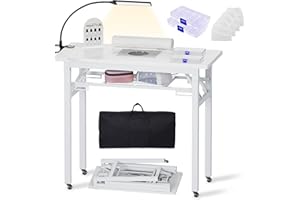 HOLAINAIL Portable & Foldable Manicure Table w/Dust Collector, Rolling Nail Tech Desk w/LED Light Lamp, Wrist Cushion, Lockable Wheels, Carrying Case, for Home Travel Beauty Salon Workstation (Marble White)