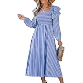CUPSHE Women's Fall Dresses Long Sleeves Square Neck Striped Casual Outfits Smocked A Line Ruffled Flowy Midi Formal Dress