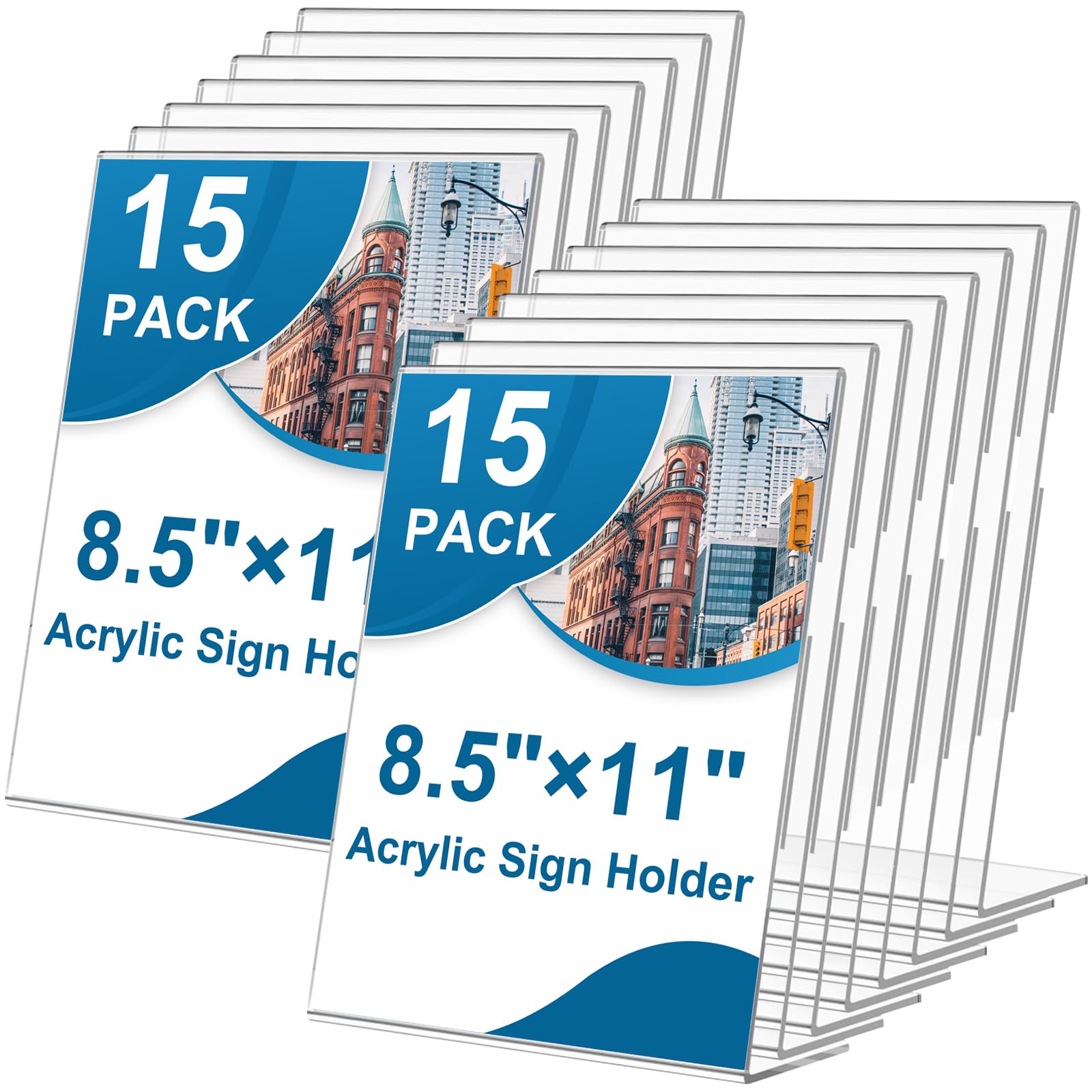 Photo 1 of 15 Pack Acrylic Sign Holder 8.5 x 11, L-Shape Clear Plastic Display Stand for Tabletop, Acrylic Stands for Flyers, Table Paper Holder, Vertical Sign Holder 8.5x11 for Restaurants, Office and School(Slant 15 Pack 8.5x11)