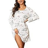 ENJOYNIGHT Women's Cotton Sleepwear Long Sleeves Nightgown Print Tee Sleep Dress