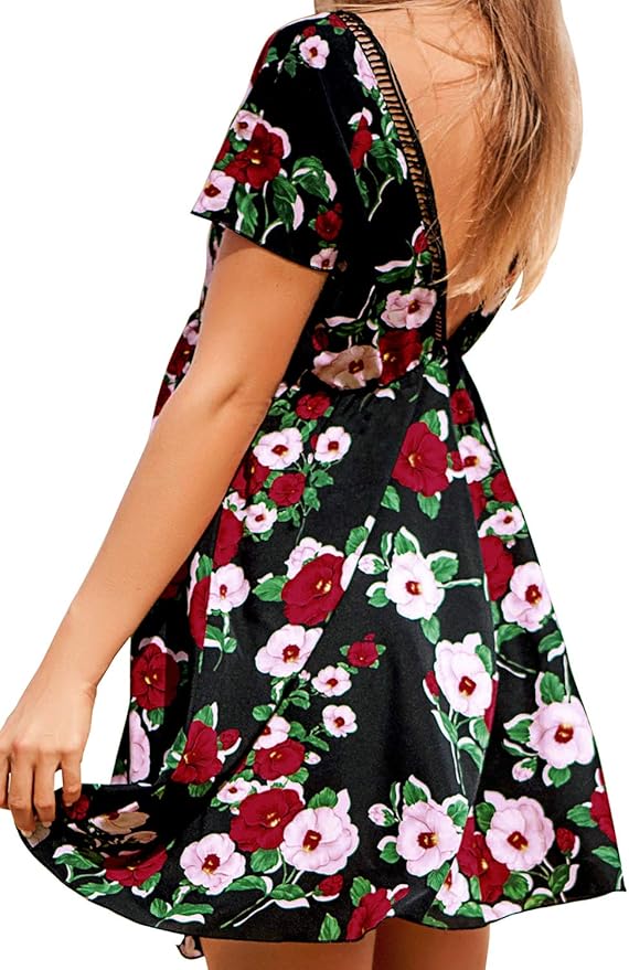 CUPSHE Women's Black Floral Print V Neck Lace Short Sleeve Midi Dress, L at Amazon Women’s