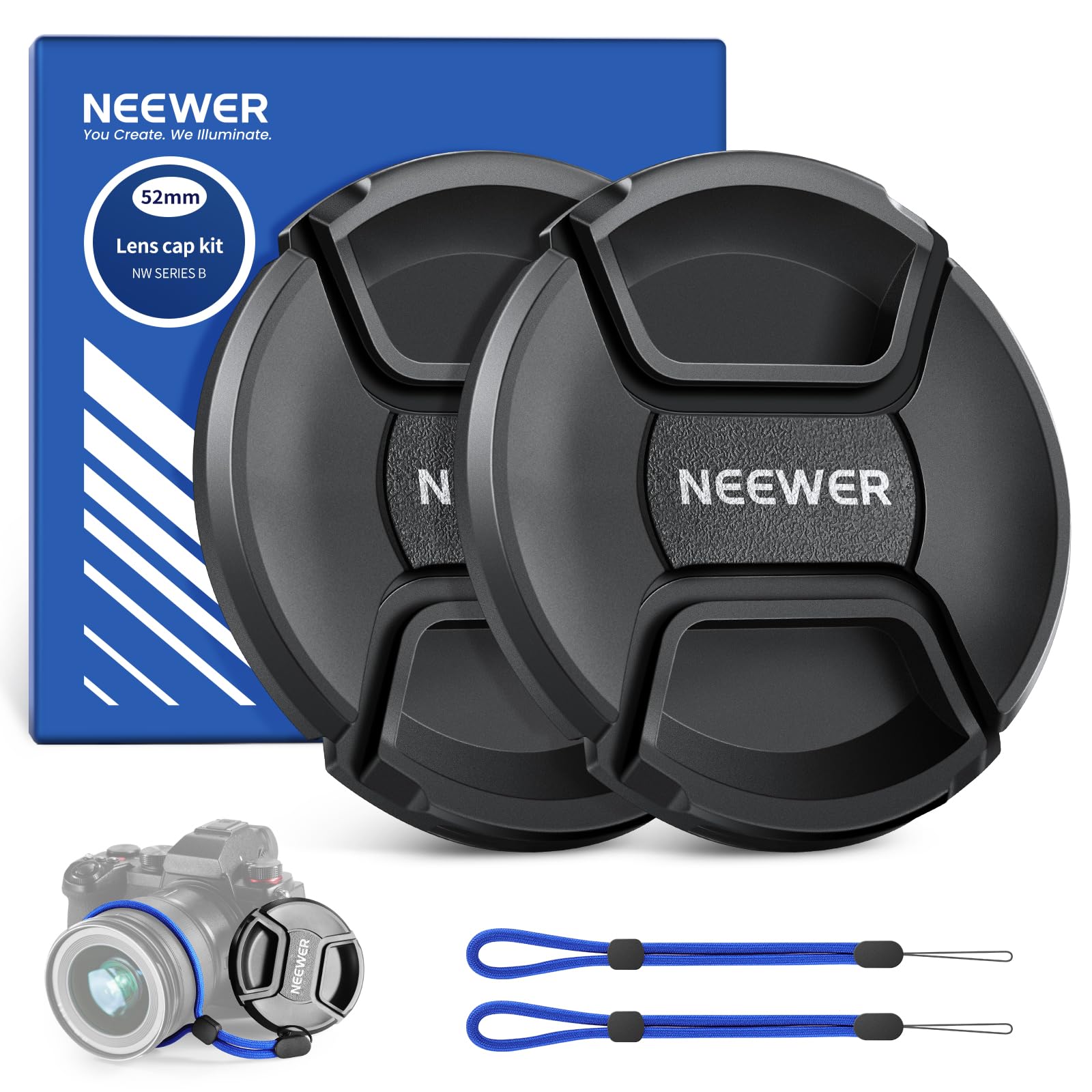 Neewer 52mm Lens Cap Kit (2 Pack), Lens Cover with Anti Loss Strap and Cleaning Cloth, Compatible with Canon Nikon Sony Fujifilm Panasonic Camera Lens of 52mm Diameter
