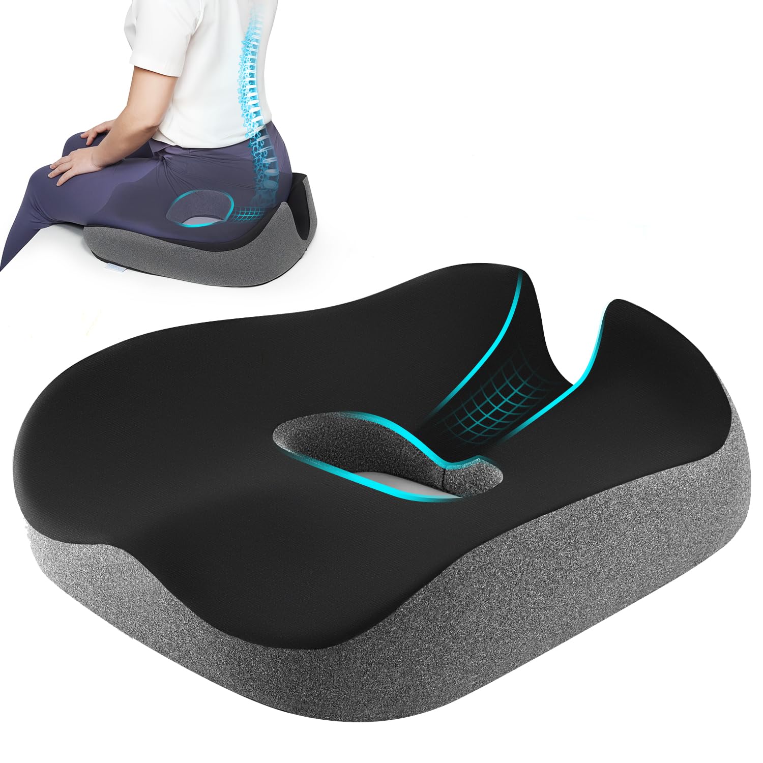 Concave U Surface Donut Pillow for Tailbone Pain Cradle Tailbone Reducing Pressure on Pelvis- Hemorrhoid Pillow for Office, Car, Home Seat- Black/Gray