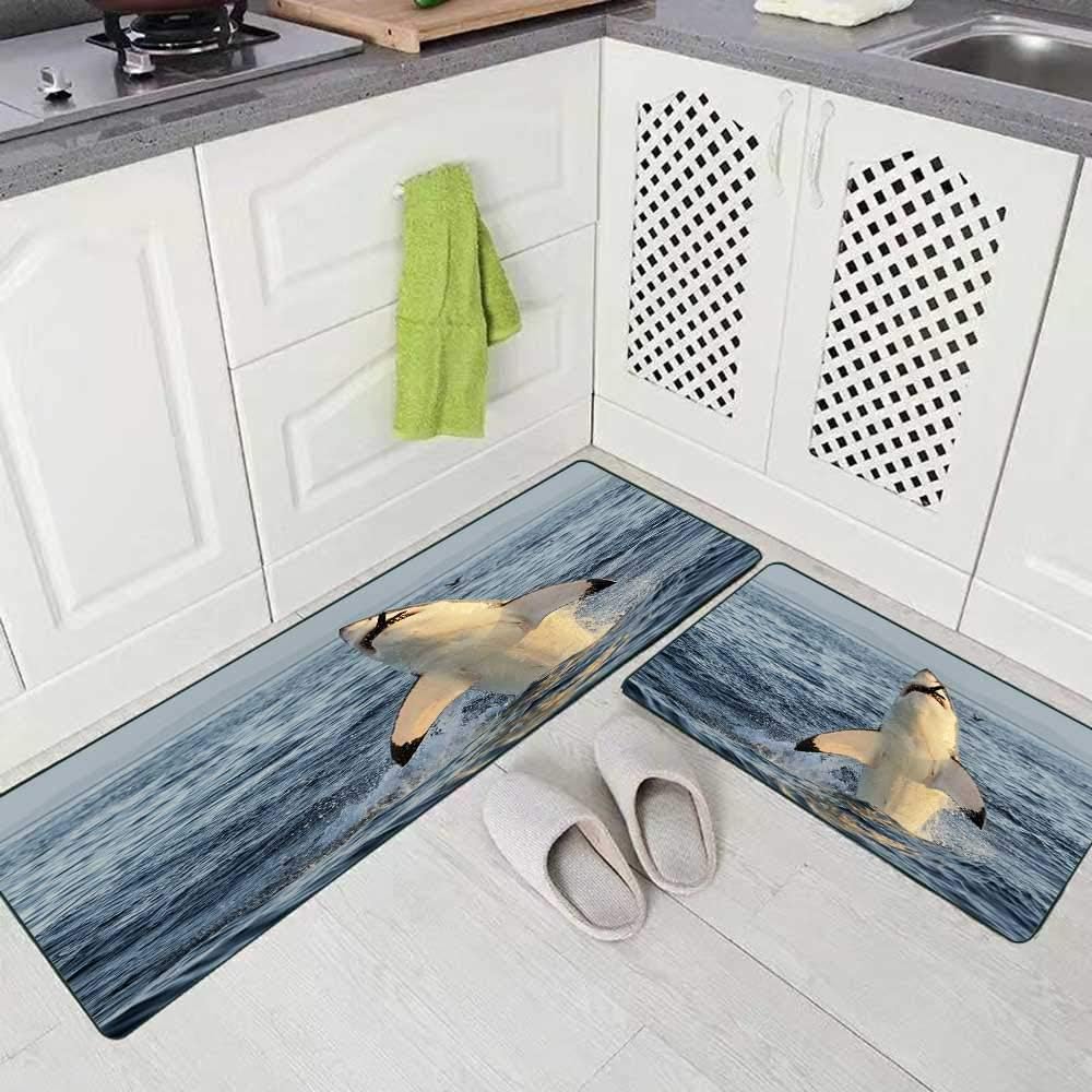 Musesh 2 Pieces Kitchen Rugs and Mats Non Skid Washable Great White Shark in Attack on Seal South Africa Carcharias Kitchen Rug Set 17"X48"+17"X24" Kitchen Carpets and Rugs Modern Kitchen Rug