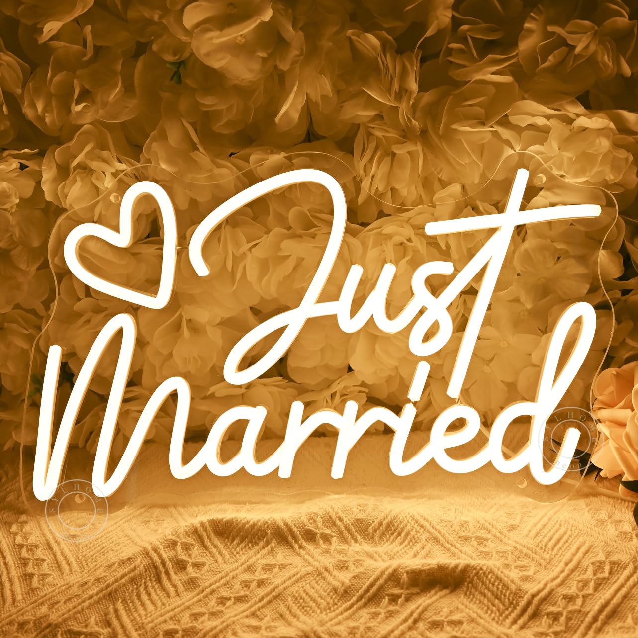 Photo 1 of SYLHOME Just Married Led Neon Light Sign Heart Wedding Bridal Shower Backdrop Bedroom Wall Sign Decor Engagement Proposal Party Light Up Sign Gifts 15.75" X 9.25" USB