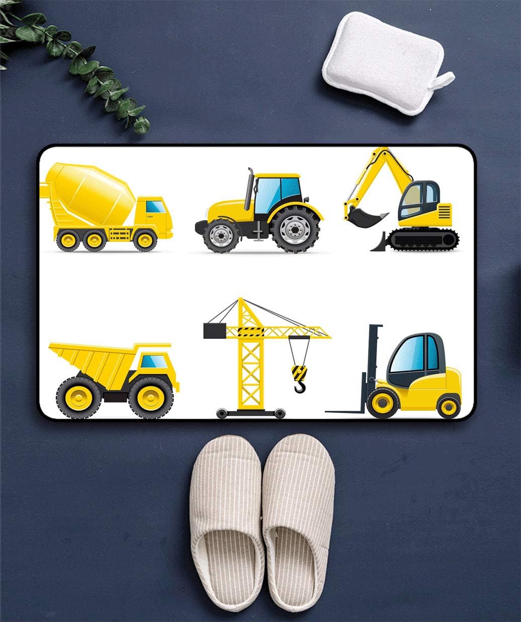 Fabuyale Boys Room Decorative Doormat, Truck Crane Digger Mixer Construction Machinery Kids Nursery Decorations Rectangular Entryway Floor Cover for Indoor Use, 16" x 24"