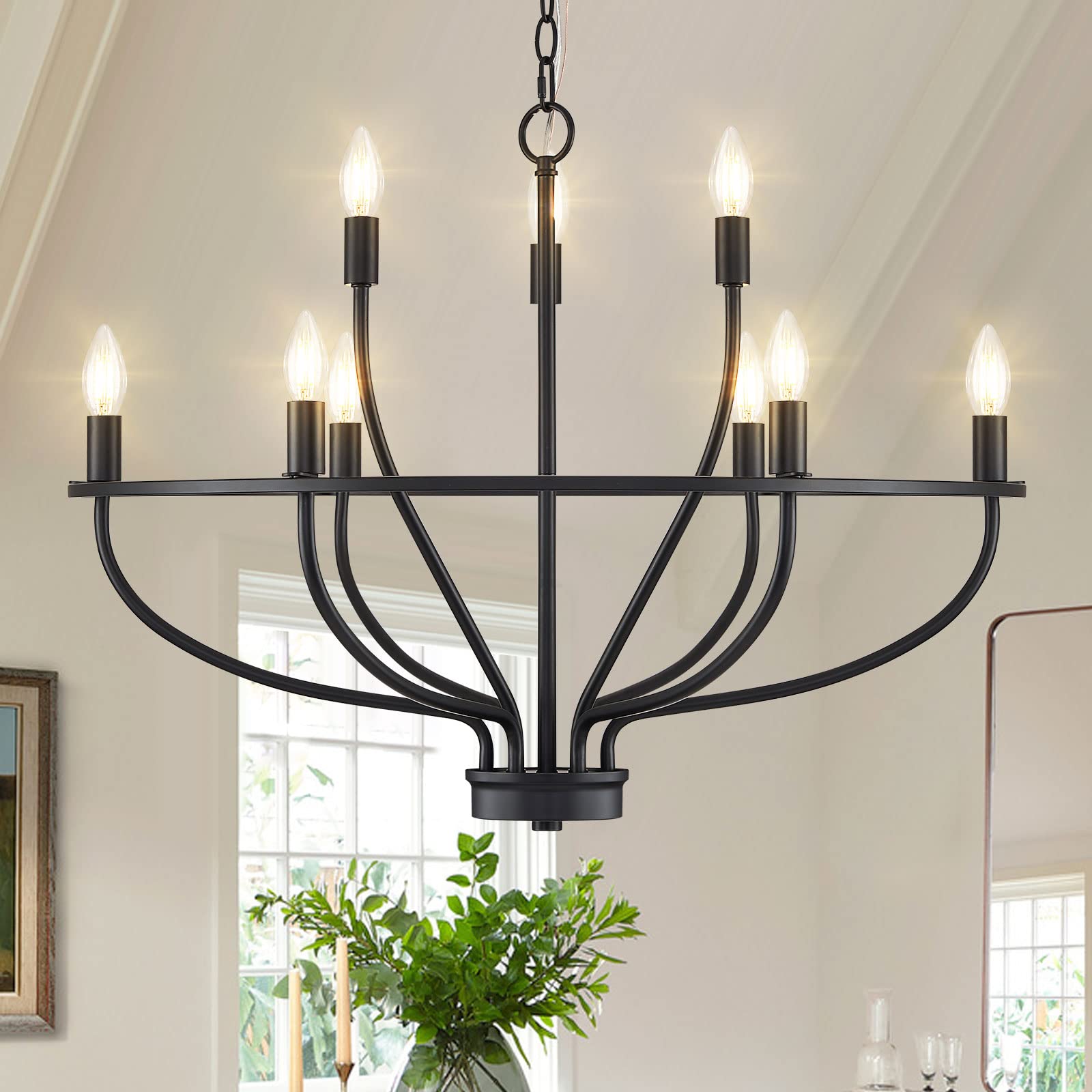 Photo 1 of FookChak 9-Light Black Chandelier Light Fixture Classic Candle Chandelier Lighting Over Table for Dining Room Living Room Bedroom Foyer Kitchen Island, 28.54in, E12