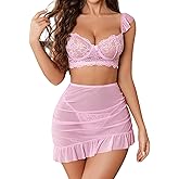Avidlove Women Lingerie Set Lace Skirt and Bra 3 Piece Lingerie Set Chemise Ruffle Hem Sleepwear