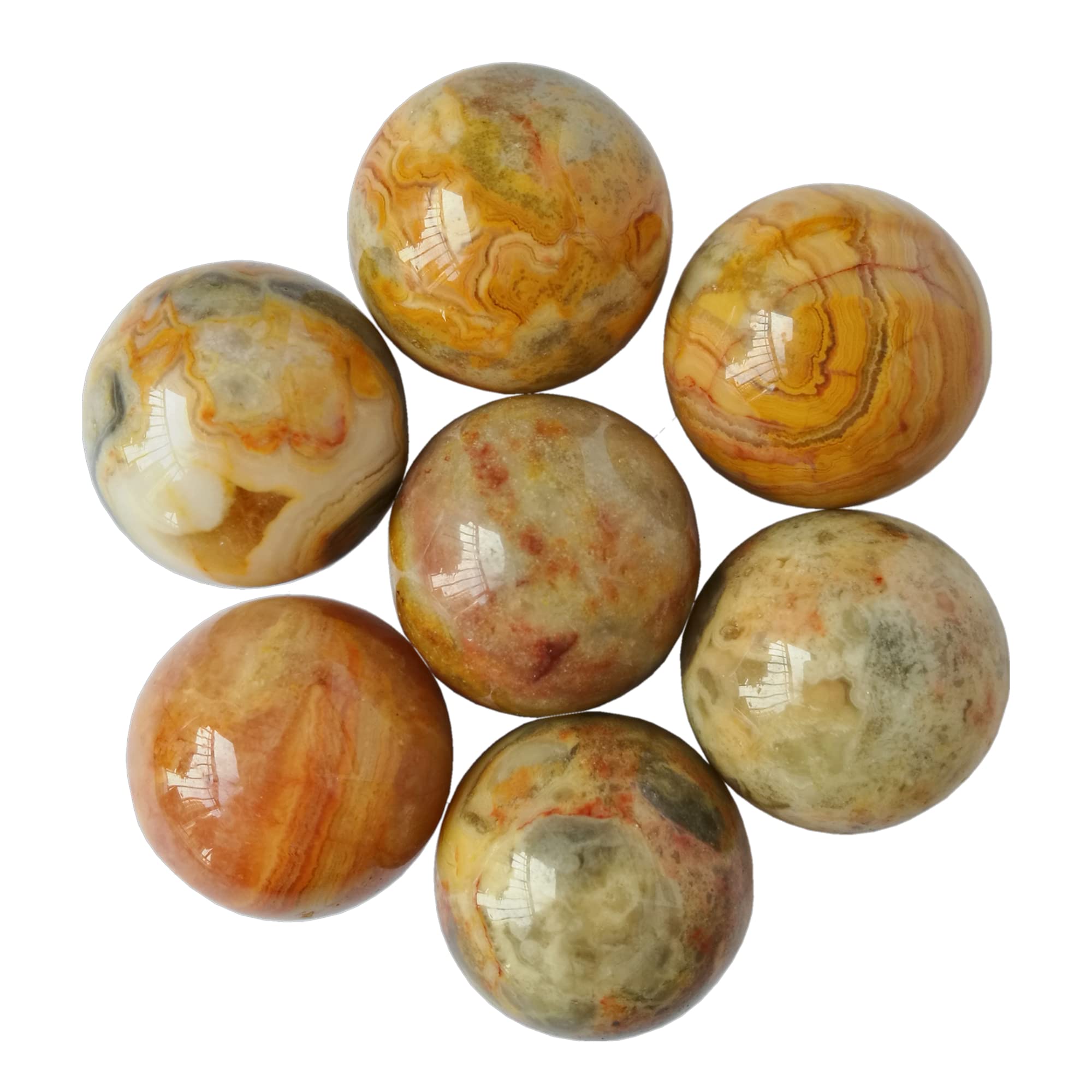 Manekieko 7 Pcs Natural Yellow Crazy Lace Agate 2cm Crystal Sphere Ball Set,Feng Shui Chakra Aura Home Desk Decor Decorative Collection