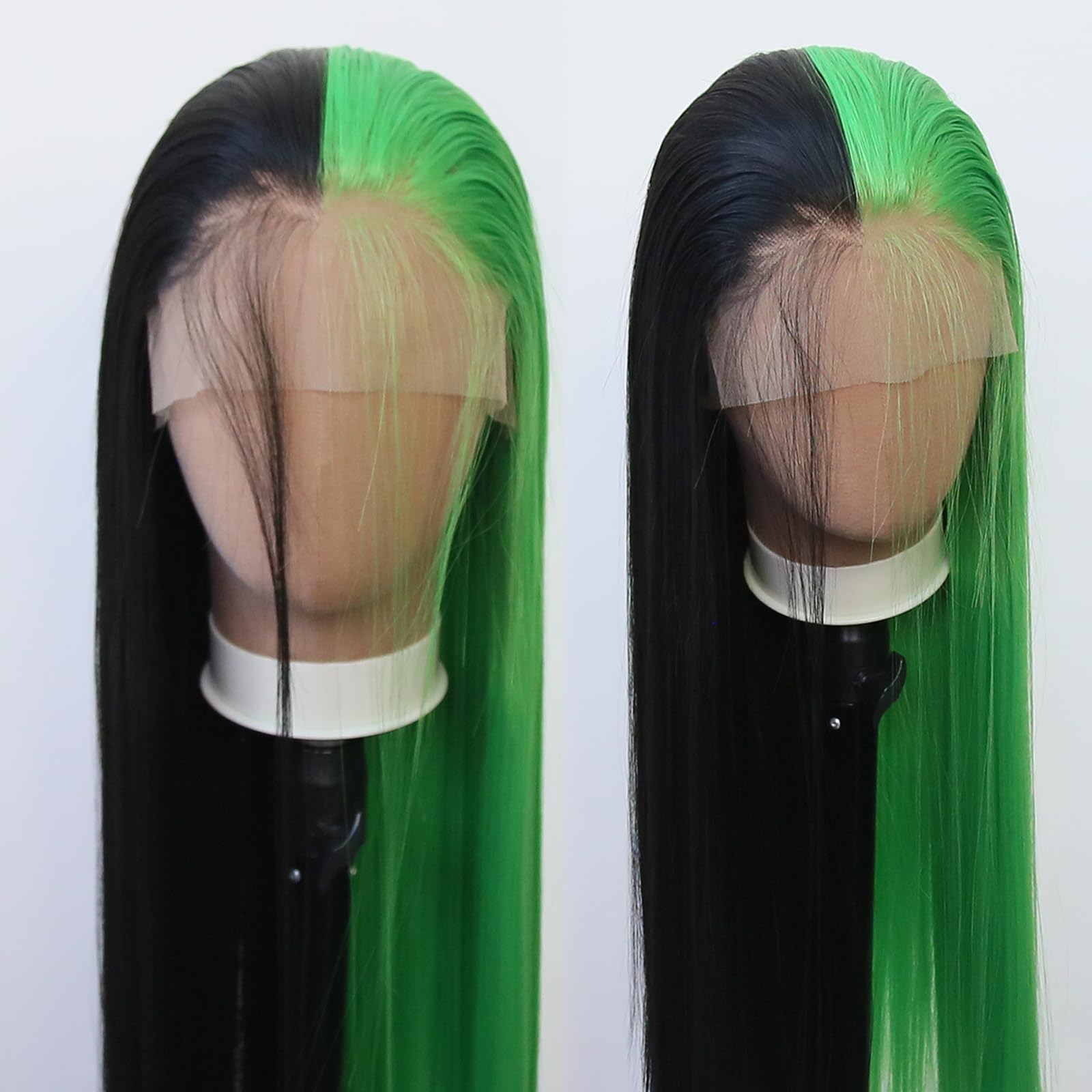 Towarm Long Straight Half Green Half Black Synthetic Lace Front Wig Pre Plucked Natural Hairline with Baby Hair for Women Cosplay Daily Wear