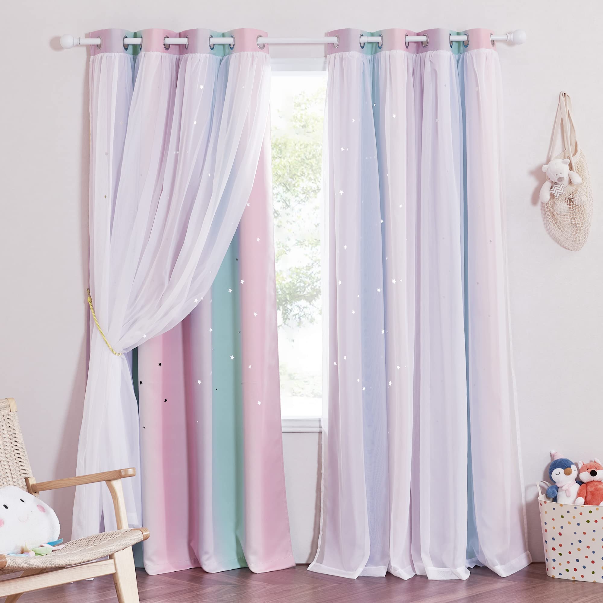 NICETOWN Blackout Curtains - Nursery Stars Cutout Decor for Bedroom Window Double Layer Drapes Sheer Overlay, Ombre Curtains for Living Room, 52 x 90 Inch, 2 Panels, Purple & Blue & Pink Image
