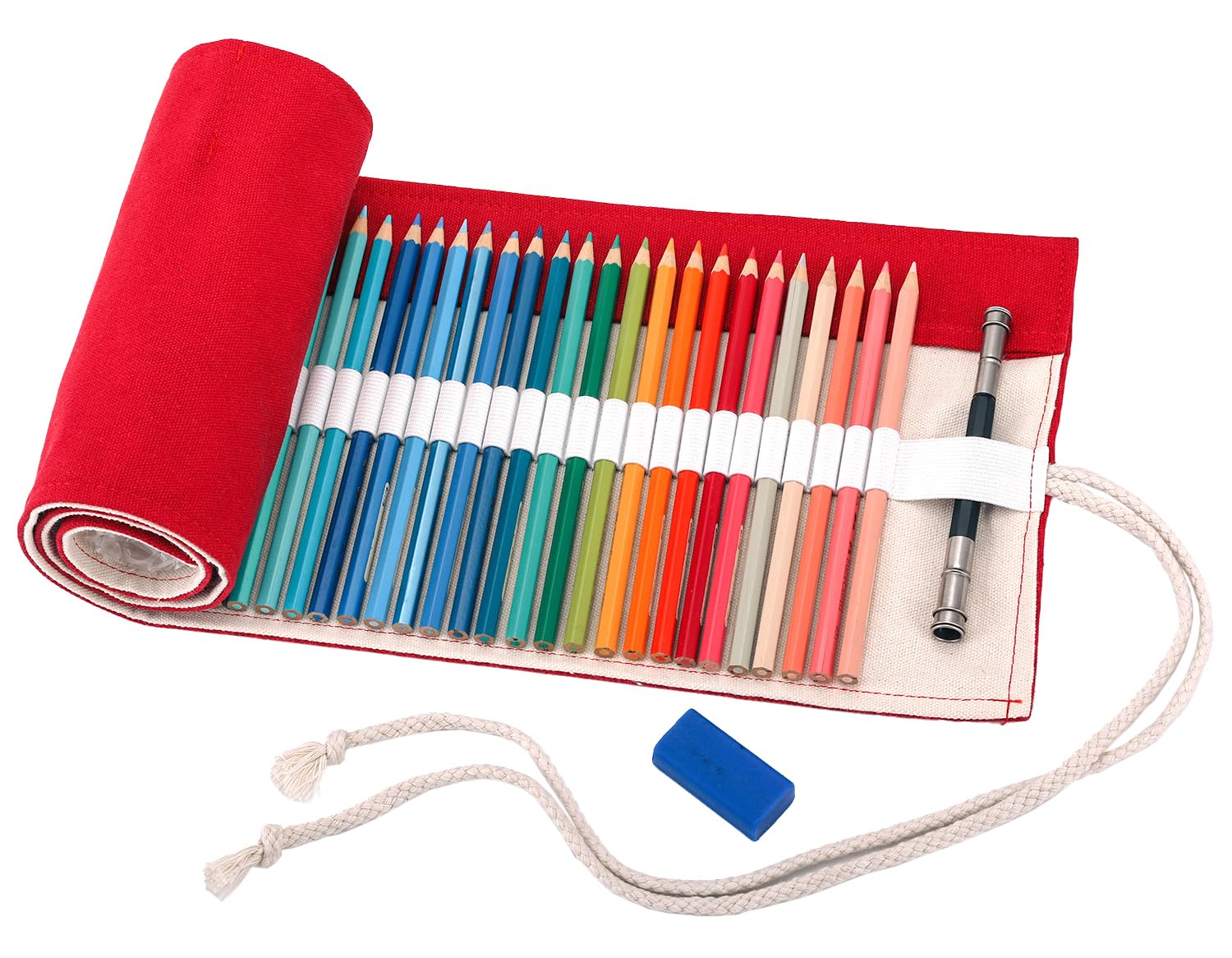 Amoyie Roll Up Pencil Case for 72 Coloured Pencils, Foldable Colouring Pens Organiser Bag, Artist Wrap, Portable Canvas Holder, Red