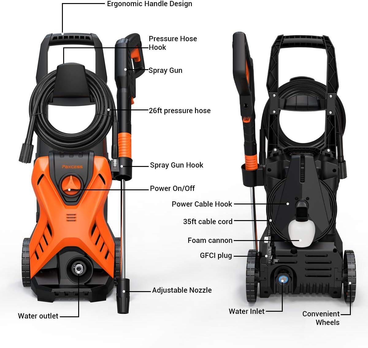 Paxcess Electric Power Pressure Washer 2500 PSI 1.6 GPM High Power Wash With Adjustable Spray Nozzle, Foam Cannon, IPX5, Car Washer, Pressure Cleaner For Home Use : Garden & Outdoor