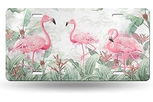 FeHuew Tropical Leaves Plants Flamingos License Plate Front Car Decorative Novelty Auto Plate Car Tag Vanity Gift Metal Aluminum Plate for Women/Man 12x6 inch Wall Decor