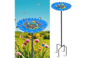 KHAYROVIES Bee Watering Station Feeder, Metal Butterfly Water Feeder Cup with 30 Colorful Glass Marbles, Bee Waterer Cup for Butterfly Bird Garden Outdoor Decors (Blue Chrysanthemum)