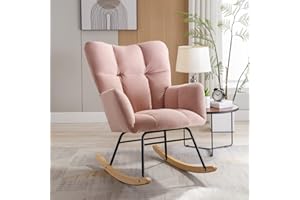 AFFMITIME Nursery Rocking Chair for Baby, Indoor Velvet Fabric Nursing Chair, Modern Upholstered Glider Rocker Armchair with High Backrest for Bedroom Office Living Room (Light Pink)