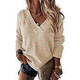 Womens Loose Sweater Sexy V Neck Long Sleeve Solid Color Knit Pullover Sweater Pullover Top