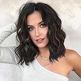 Eawwii Black Mix Brown Short Wavy Wig for Women Lace Hairline Bob Style Synthetic Heat Resistant - Natural Appearance for Everyday Hairstyle 14 Inch