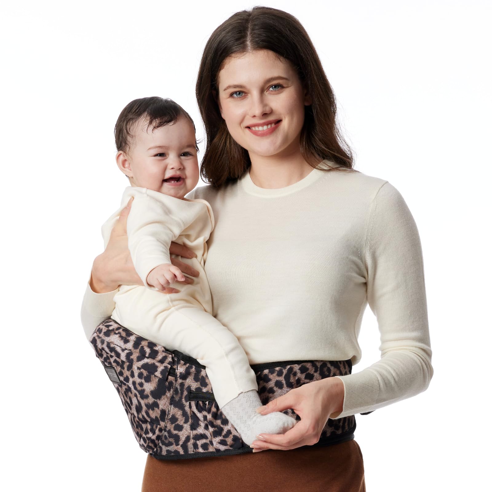 Photo 1 of Momcozy Hip Seat Baby Carrier - Adjustable Waistband with Original 3D Belly Protector, Ergonomic Carrier with Various Pockets for Newborns & Toddlers up to 45lbs (Leopard, Medium)