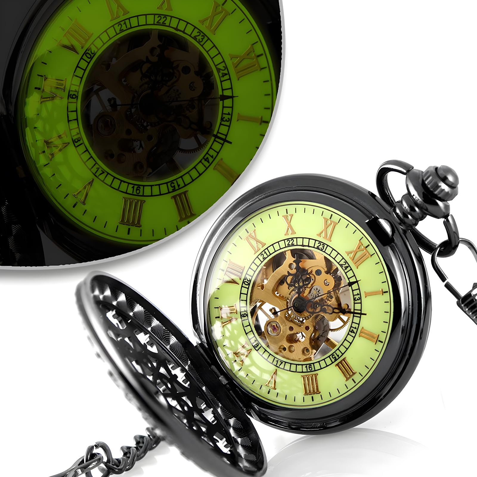 Carrie Hughes Mens Cobweb Black Steampunk Skeleton Pocket Watch with Chain in Box CHPW4