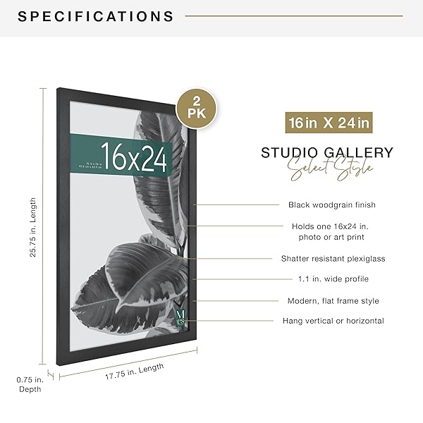 MCS STUDIO GALLERY 16X24 POSTER FRAME BLACK WOODGRAIN ENGINEERED WOOD, VERTICAL & HORIZONTAL WALL HANGING LARGE PICTURE FRAME FOR PHOTOS, POSTERS & ART PRINTS (2-PACK)