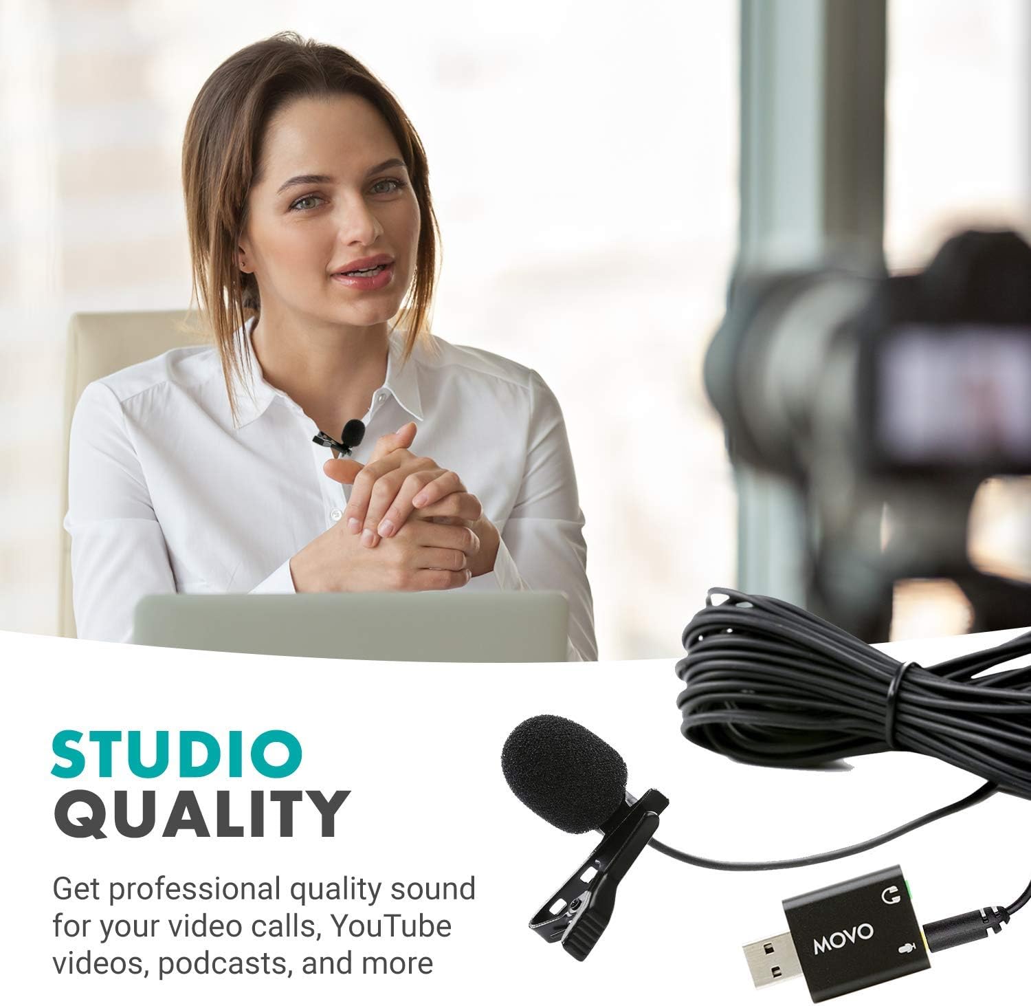Movo Universal Lavalier USB Microphone for Computer with USB Adapter Compatible with Laptop, Desktop, PC and Mac, Smartphones, Cameras, Podcasting, Remote Work and Laptop Microphone (20-Foot Cord): Musical Instruments