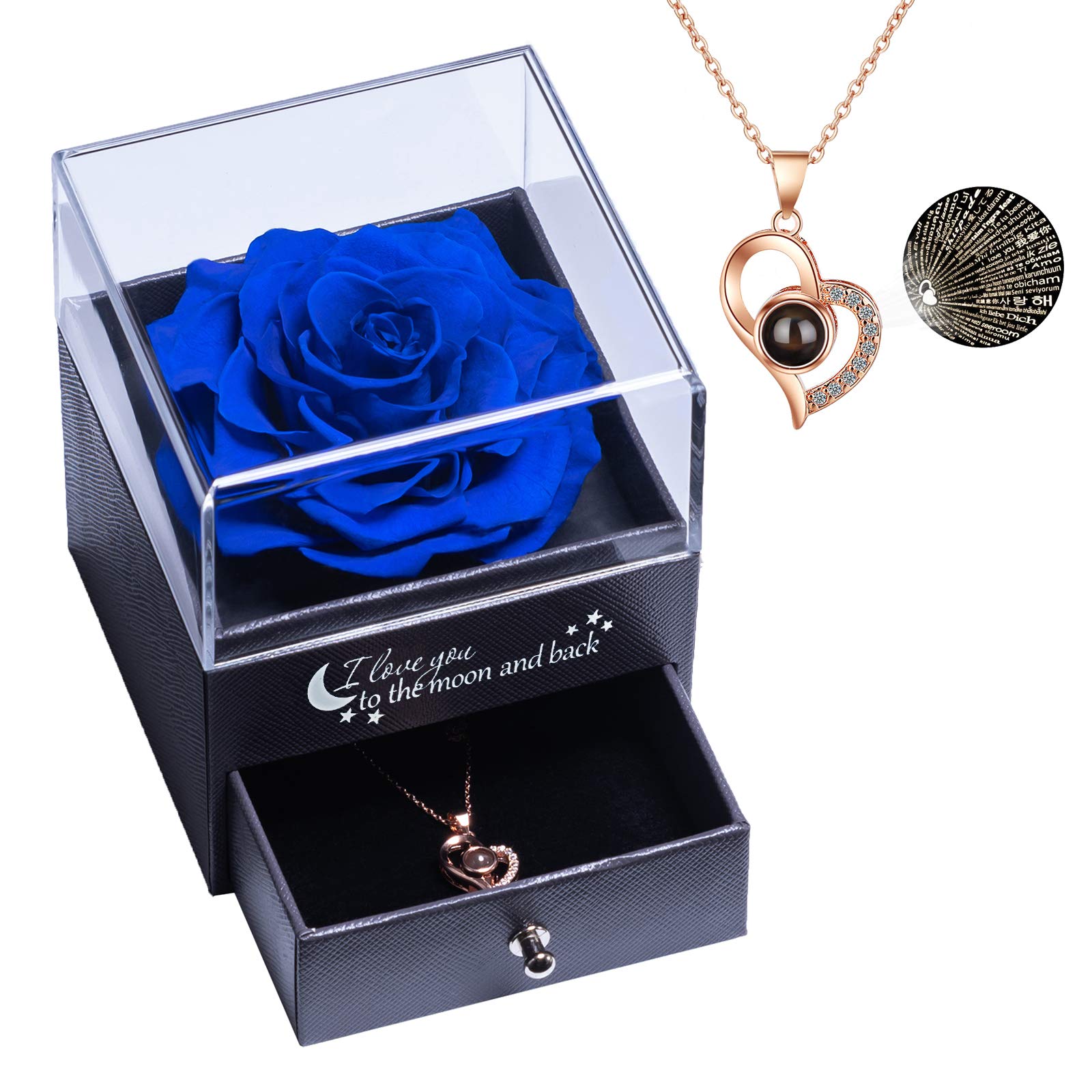 Real Preserved Rose with I Love You Necklace 100 Languages Jewelry Gift Box, Eternal Real Rose for Valentine's Day Mother's Day Wedding Anniversary Birthday Gift for Her, Blue