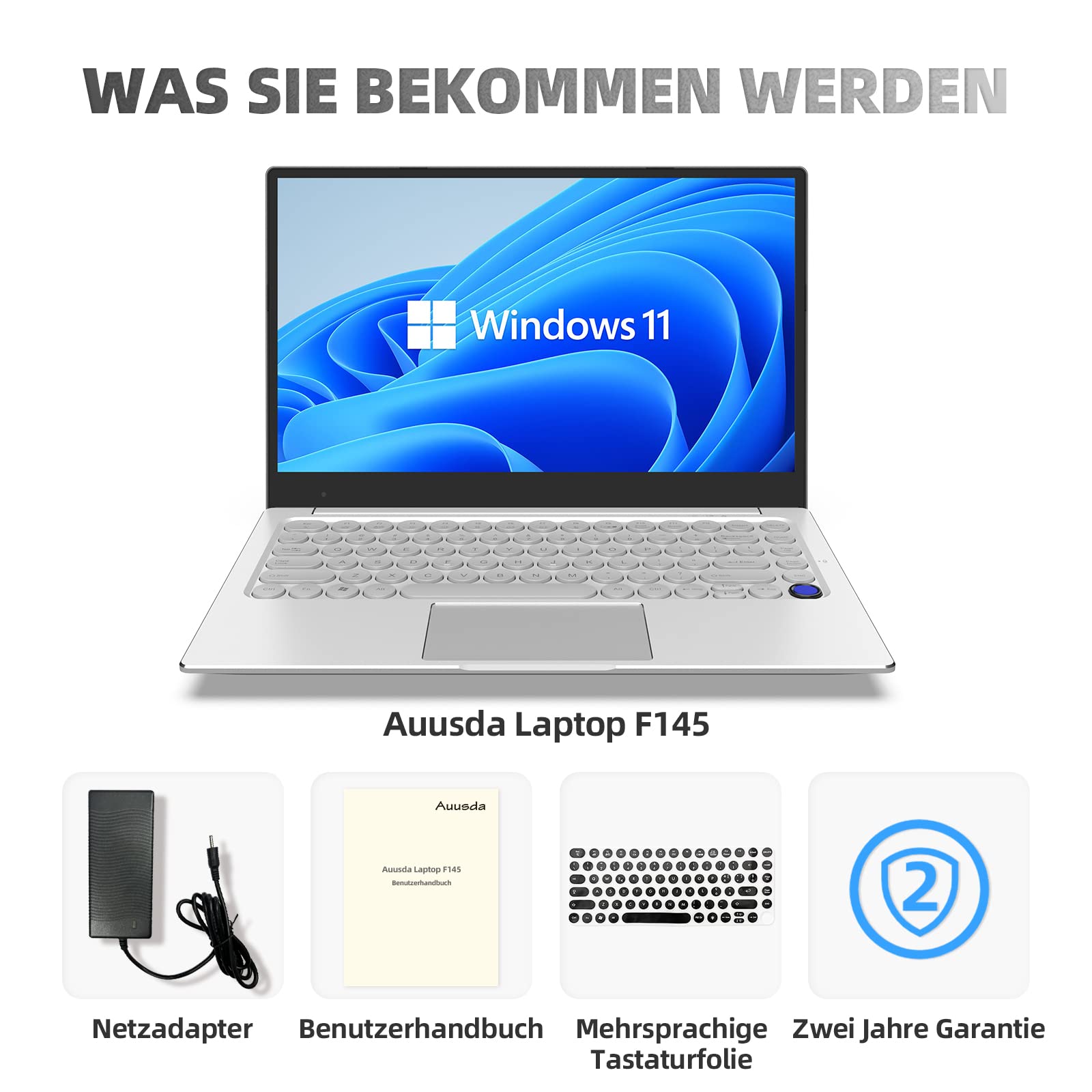 Auusda 14.1 Inch Full HD Laptop, 8GB LPDDR4 and 256GB SSD, Expandable 2TB, All Matal Notebook, 3867U Quad-Core, 4K, WiFi, BT4.2, Backlit Keyboard Fingerprint