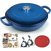 Overmont Enameled Cast Iron Dutch Oven - 3.8 Quart Dutch Oven Pot with Lid - Shallow Cookware Braising Pan - Cast iron Casserole with Cookbook & Heat-resistant Caps - Oven Safe up to 500° F