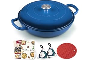 Overmont Cast Iron Braiser Enameled Cookware with Cookbook & Lid - 3.8 Quart Dutch Oven Pot with Enamel Coating for Braising,