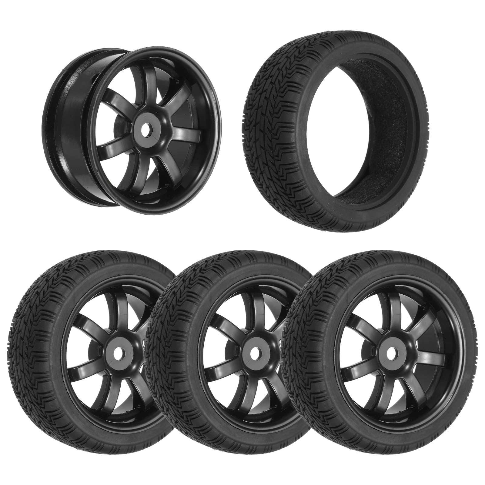 sourcing map 4-Pair High-Grip RC Car Tire & Wheel Set for 1/10 Scale On-Road Touring Cars - Soft Rubber Tyres with 12mm Hubs, Black, Type B